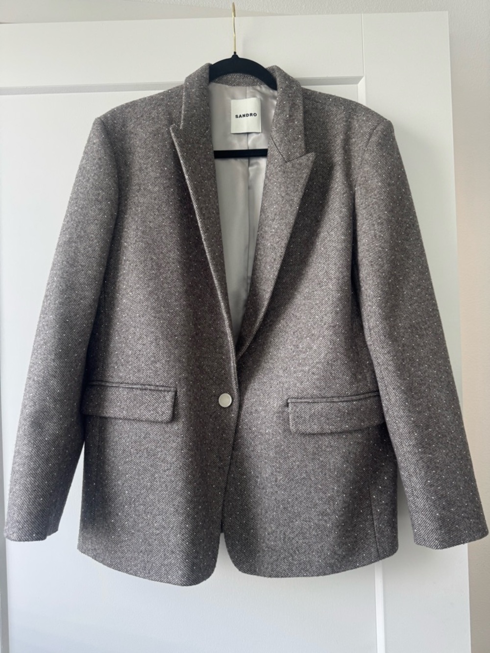 Sandro Herringbone Single-Button Blazer in Taupe Fleck